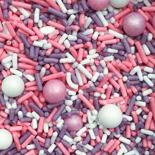 Mulberry Meadow fetti is a decofetti mix of pink white purple sprinkle strands and pink and white shimmery soft pearls for decorating cakes, cupcakes, cookies, etc