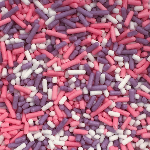 Pink, purple and white mix of baking sprinkles for confetti cakes